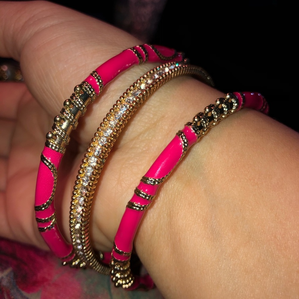 Hot Pink Enamel Boho Bangles (2) + RS Bangle (1) - Picture 1 of 5